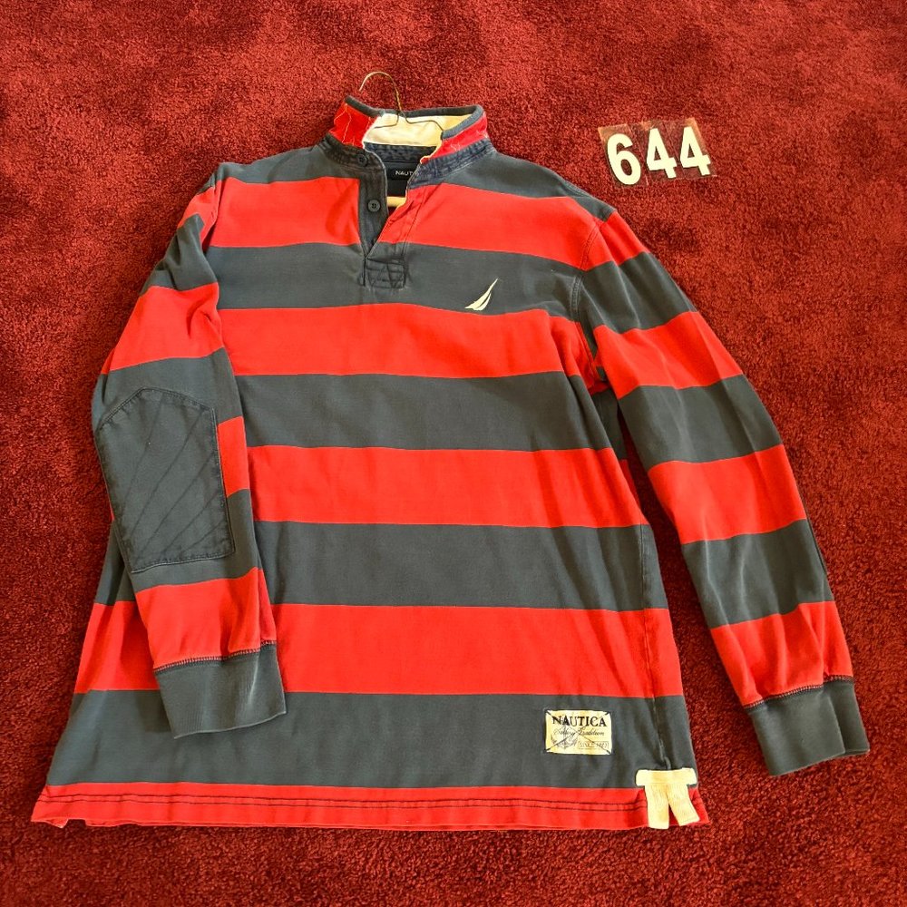 Nautica Polo Shirt - XXL - #644 - Navy and Red stripes.